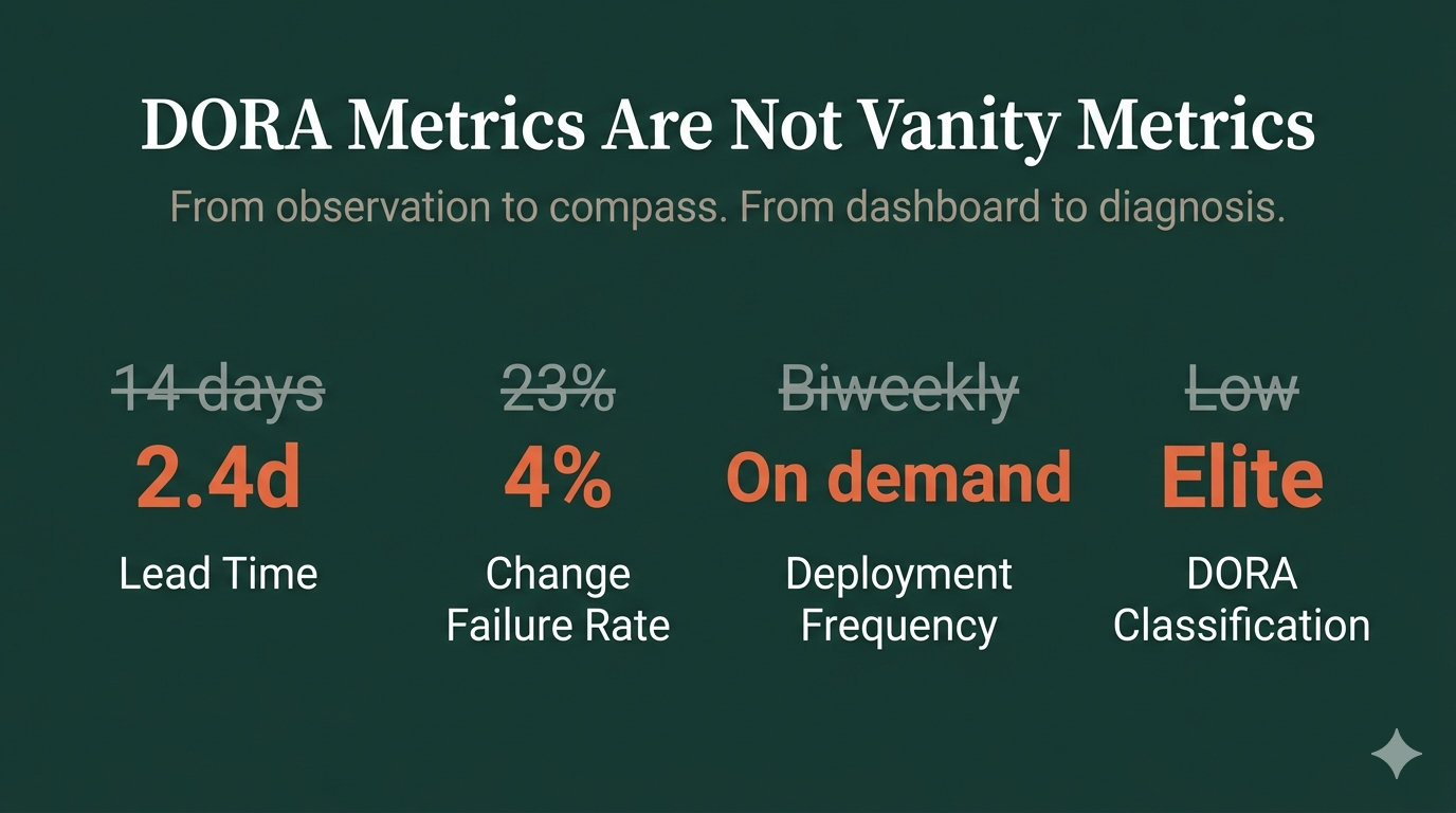 DORA metrics used as a compass connecting delivery performance to engineering decisions